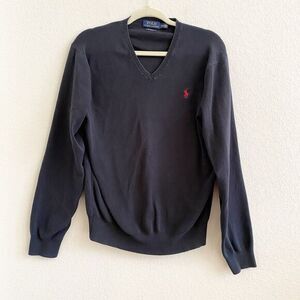 Polo Ralph‎ Lauren Sweater Mens Size M Navy Pima Cotton V Neck Pullover Red Pony